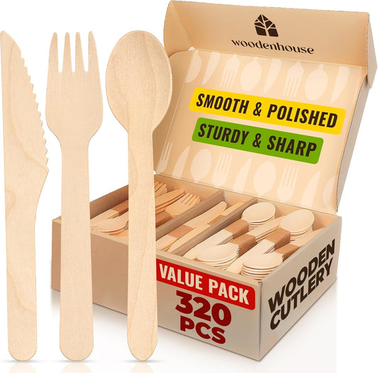 Compostable Utensils – 320 Pcs (120 Compostable Forks | 120 BIodegradable Spoons | 80 Knives) – Eco–Friendly Compostable Forks and Spoons - Biodegradable Utensils – Compostable Cutlery for Parties