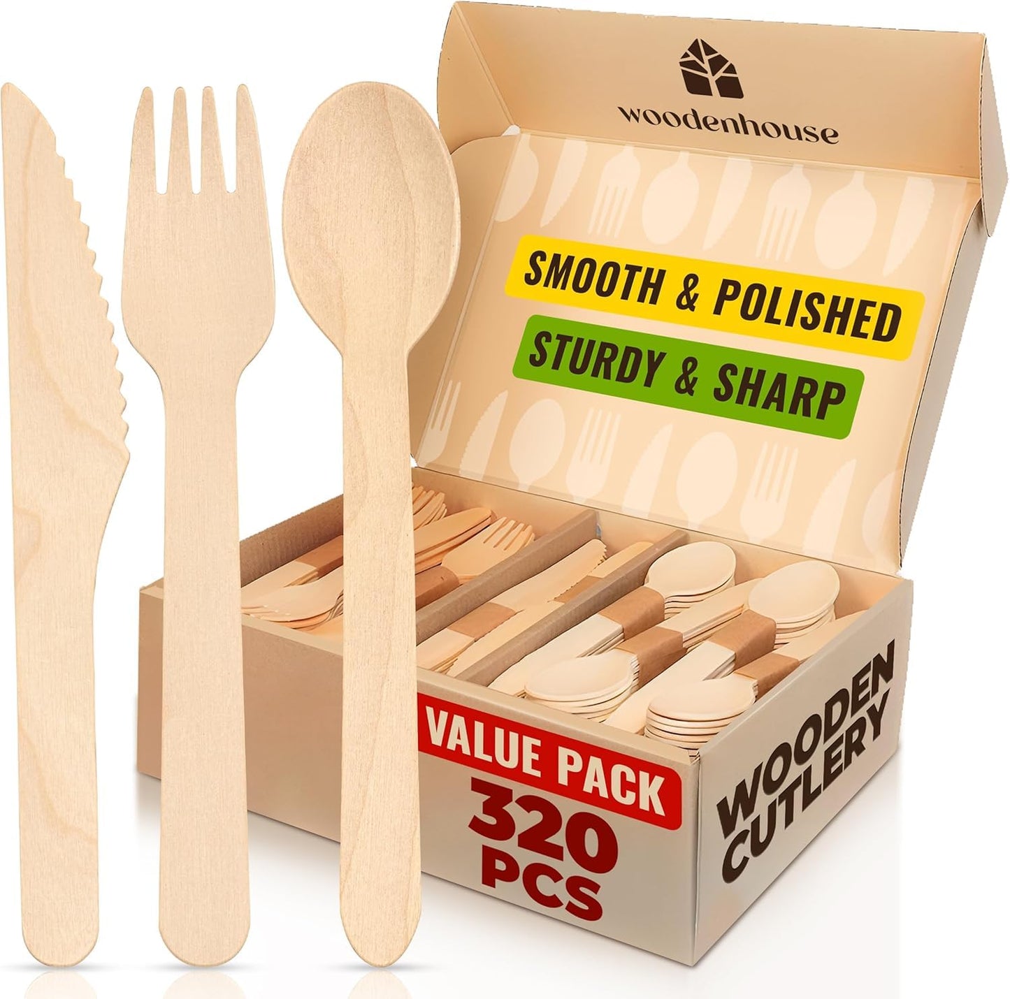 Compostable Utensils – 320 Pcs (120 Compostable Forks | 120 BIodegradable Spoons | 80 Knives) – Eco–Friendly Compostable Forks and Spoons - Biodegradable Utensils – Compostable Cutlery for Parties