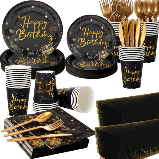 Uiifan 352 Pcs Black and Gold Happy Birthday Party Supplies Disposable Dinnerware Set Include 100 Plates 50 Cups 50 Napkins 150 Forks Knives Spoons 2 Tablecloth